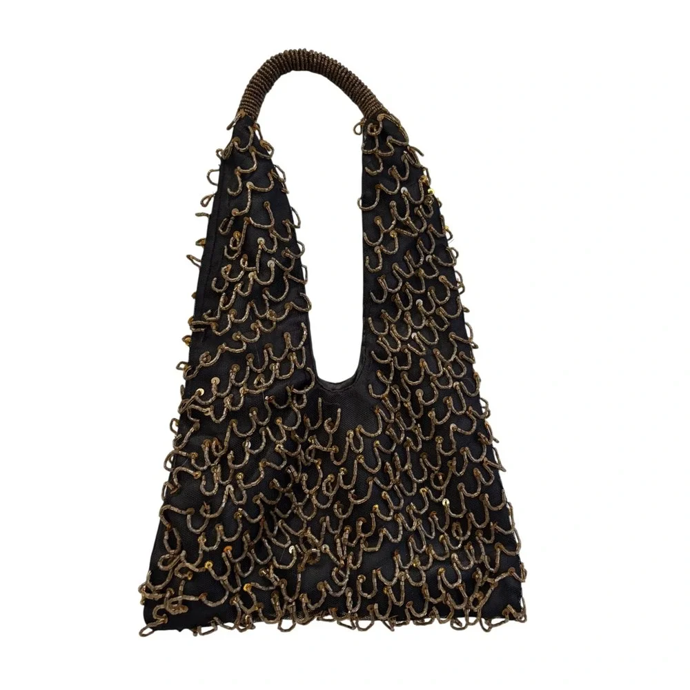 Vintage inspired Beaded Sequin Evening Bag Black Bronze Gold Hobo Handbag